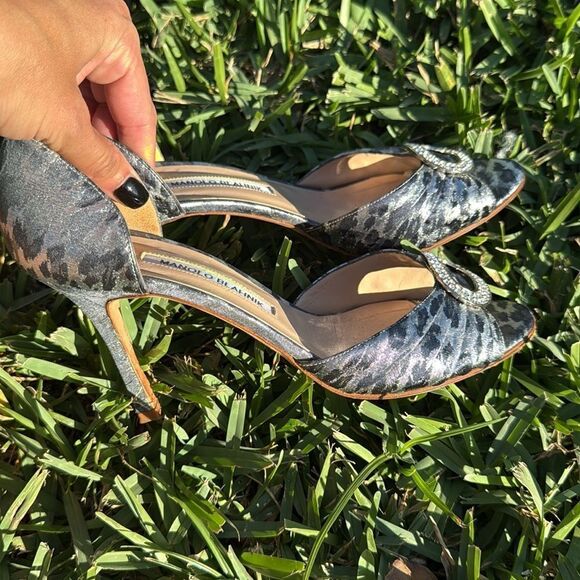 Manolo Blahnik Black & Silver Cheetah Print - Beautiful Peep Toe Heel Size 38.5 - Picture 4 of 5